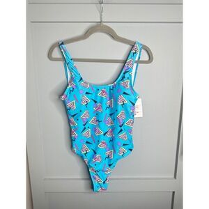 Miauliua Womens 80s Geometric Print One Piece Swimsuit Teal Pink Purple S NWT‎
